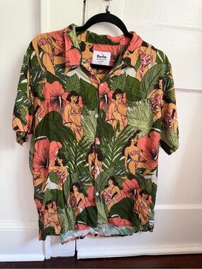 Duvin Tropical Print Short Sleeve Button-Down Shirt - Green/Pink